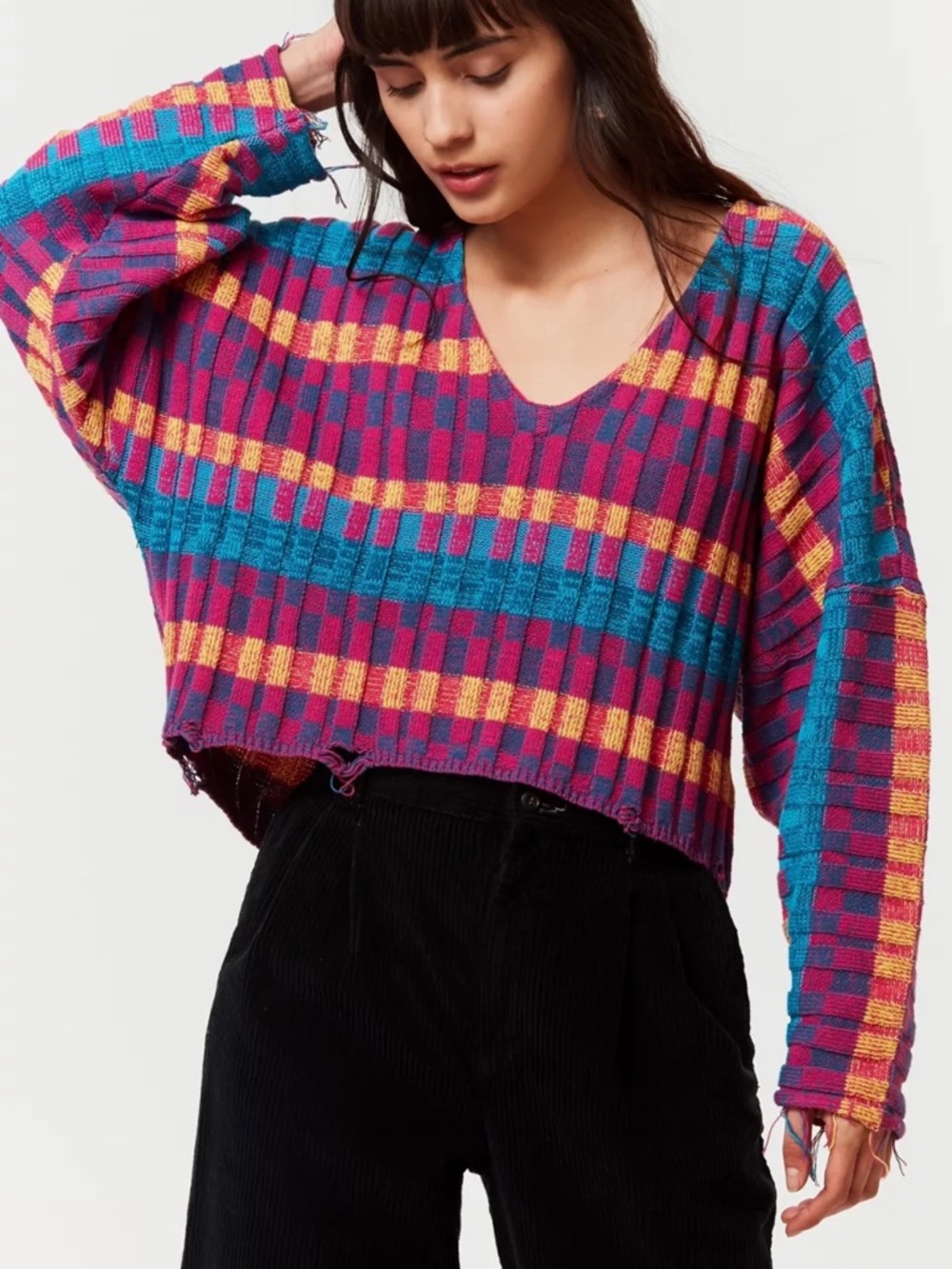 Urban Outfitters Teagan Distressed Cropped Sweater Multicolor V Neck Size S